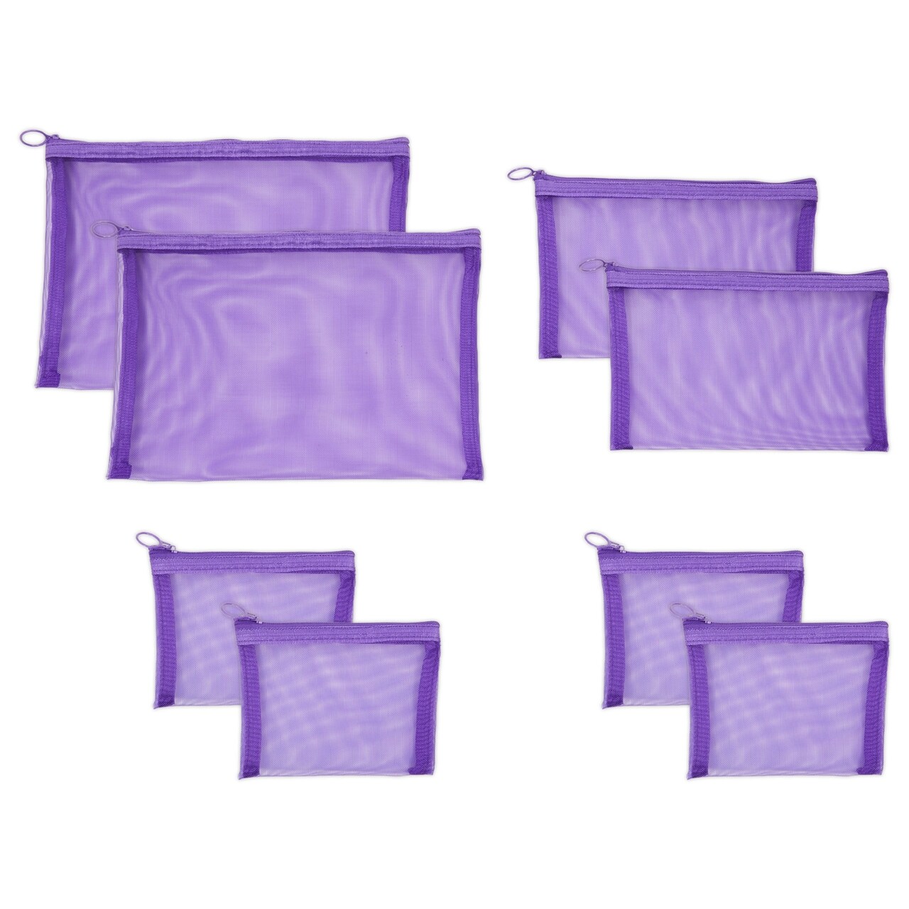8-Piece Purple Mesh Makeup Bag Sets for Traveling, Overnight Trips, Weekender, Cosmetic Storage Holder, Pencil Organizer Pouch with Zipper, 2 Large, 2 Medium, and 4 Small Bags